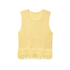 Fashionable Casual Tassel Design Plaid Knitted Top for Women