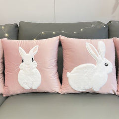 Soft Rabbit Pillow Cover Sofa Cushion Velvet Embroidered Pillow Girl's Heart Pink Cartoon Pillow Cover Cute