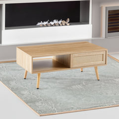 41.34" Rattan Coffee table sliding door for storage solid wood legs Modern table for living room  natural