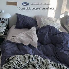 Solid Color Simple Four-Piece Set Flannel Quilt Cover INS Style Quilt Cover Dormitory Summer Washed Cotton Bedding Three-Piece Set