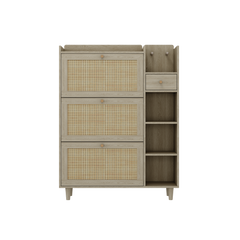 Natural Bohemian style shoe cabinet with 3 rattan flip drawers, 3 square shelves, and 1 storage drawer,  Natural