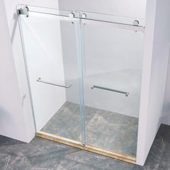 56-60 "wide x 75" high frameless double sliding shower door, 304 stainless steel chrome plated, 8mm thick SGCC tempered transpar