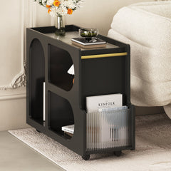 Stylish mobile desk with lockable wheels,bedside table with 5mm thick grooved tempered glass and gold round bars ，black
