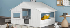 Wood Full Size House Bed with Roof, Window and Guardrail White