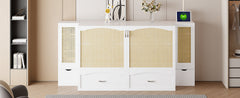 Large Murphy bed wall mounted bed with drawers, 2 storage cabinets, 1 set of sockets and USB ports, white