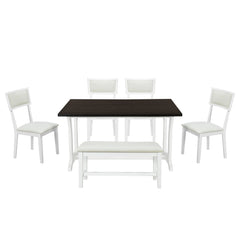TOPMAX Farmhouse 6-Piece Trestle Dining Table Set with Upholstered Dining Chairs and Bench  59inch, White