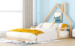 Full Size Wood Floor Bed with House-shaped Headboard  Natural