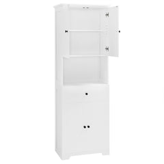 Tall Bathroom Cabinet with Four Doors, Large Storage Space Open Shelve, Upper Storage Cabinet, Whit
