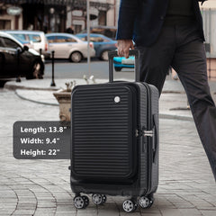 Carry-on Luggage 20 Inch Front Open Luggage Lightweight Suitcase with Front Pocket and USB Port, 1 Portable Carrying Case Black
