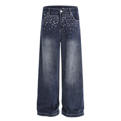 Street Design Floral Embroidered Denim Wide-Leg Long Pants Men's Vibe Trendy Washed Distressed Straight Leg Trousers
