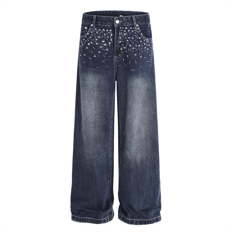 Street Design Floral Embroidered Denim Wide-Leg Long Pants Men's Vibe Trendy Washed Distressed Straight Leg Trousers