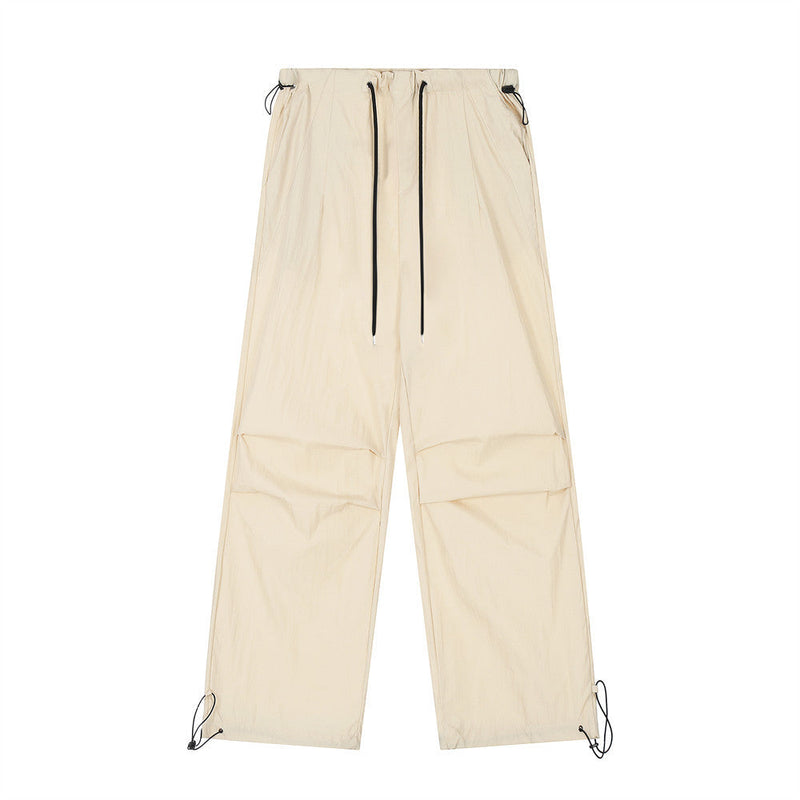Wrinkled Casual Straight Cargo Pants Men's American Loose Solid Color Thin Sports Drawstring Cuffed Long Trousers