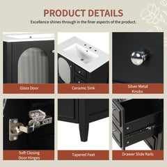 30" Bathroom Vanity with Sink, Bathroom Vanity Cabinet with Three Drawers and Door, Solid Wood and MDF, Black