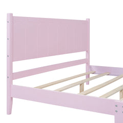 Queen Size Wood Platform Bed Frame, Retro Style Bed with Rectangular Headboard,No Need Box Spring,Pink