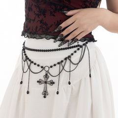 Dark Wind Cross Iron Chain Waist Chain Multi layer Versatile Tassel Crystal Body Chain Female