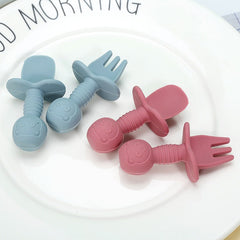 Licking Spoon for Baby Learning to Eat Training Spoon Short Handle Baby Supplementary Food Silicone Soft Spoon Fork Spoon Tableware 2-piece Set