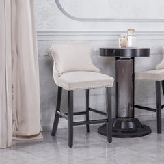 Velvet padded wing back bar stool with button tuft decoration and wooden leg chrome nail head decoration 2-piece set (beige)