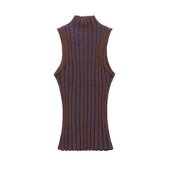 Half high neck sleeveless slim knit sweater for women