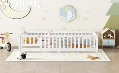 Twin Size Bed Floor Bed with Safety Guardrails and Door for Kids, White