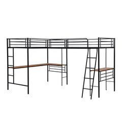 Twin Size Metal Loft Bed with Two Built-in Desks Black