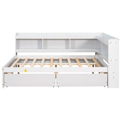 Full Bed with L-shaped Bookcases, Drawers ,White