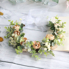 Forest style curled edge rose headband, simulated starry sky, eucalyptus wreath, bride's wedding dress, photography, headwear