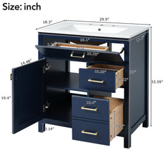 30-Inch Blue Bathroom Vanity with Ceramic Sink and Ample Storage - Ideal Choice for Small Bathrooms