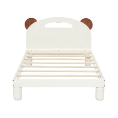 Twin Size Platform Bed with Bear Ears Shaped Headboard and LED Cream White