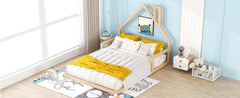 Full Size Wood Floor Bed with House-shaped Headboard  Natural