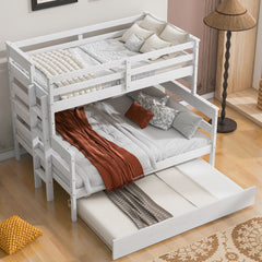 Wood Twin over Full Bunk Bed with Twin Size Trundle  White