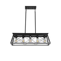 5-light farmhouse pendant light, metal pendant light island fixture, modern rectangular island light, pure black (no bulb)
