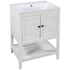 24" White Modern Sleek Bathroom Vanity Elegant Ceramic Sink with Solid Wood Frame Open Style Shelf