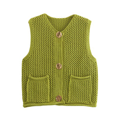 Street Fashion Crochet Hollow Vest Solid Color Versatile Round Neck Jacket