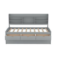 Twin Size Wooden Captain Bed with Built-in Bookshelves,Three Storage Drawers and Trundle Light Grey