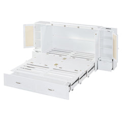 Large Murphy bed wall mounted bed with drawers, 2 storage cabinets, 1 set of sockets and USB ports, white