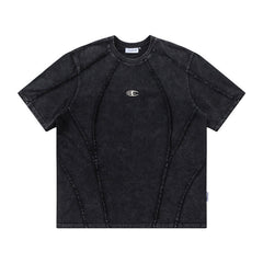Spliced Raw Edge Short Sleeve T-Shirt Unique Design Hip Hop Men's Washed Vintage Casual Tee