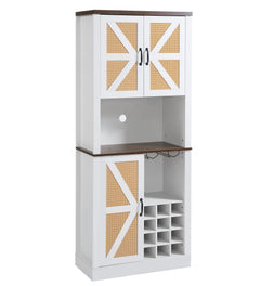76 Inch Tall Farmhouse Kitchen Faux Rattan Wine Cabinet, Kitchen Bar Cabinet with Square Compartments and Shelves
