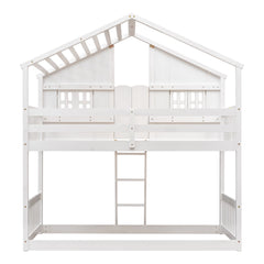 Twin over Twin House Bunk Bed with Roof , Window, Window Box, Door , with Safety Guardrails and Ladder,White