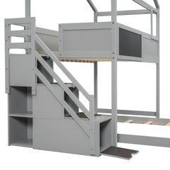 Twin over Full House Bunk Bed with Storage Staircase and Blackboard Gray