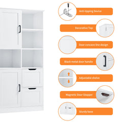 Bathroom storage cabinet with doors and drawers, multiple storage spaces, independent, open adjustable shelves, white