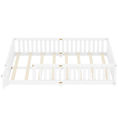 Queen Size Bed Floor Bed with Safety Guardrails and Door for Kids, White