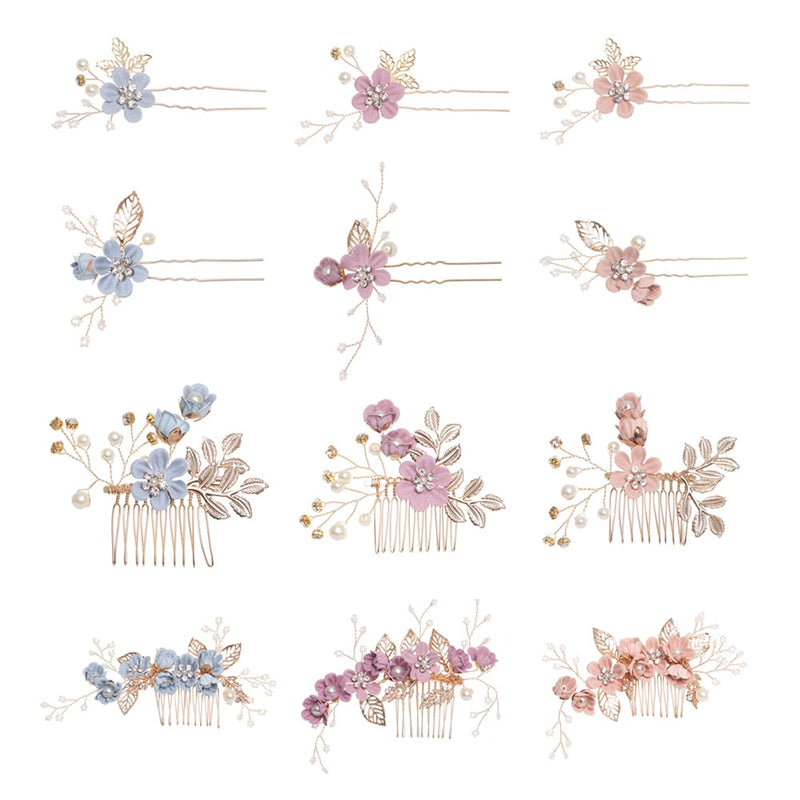 Luxury Blue Flower Hair Combs Headdress Prom Bridal Wedding Hair Accessories Gold Leaves Hair Jewelry Hair Pins