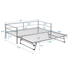 Twin Size Metal Daybed with Adjustable Trundle  Pop Up Trundle  Silver