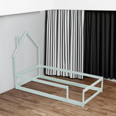 Twin Size Wood bed with House-shaped Headboard Floor bed with Fences,Light Green