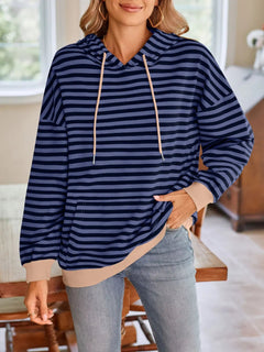 Loose casual striped hooded sweatshirt