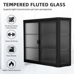 Retro Style Haze Double Glass Door Wall Cabinet With Detachable Shelves for Office Dining Room Living Room
