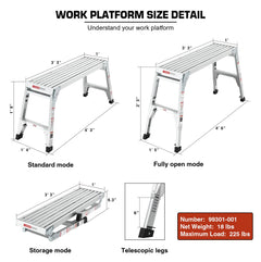 Aluminum Work Platform Large Size Step Stool Folding Portable Work Bench 40" Width Telescopic Feet 22" -27.5" Height Adjustable