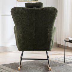 35.5-inch soft Teddy fabric rocking chair with pockets, comfortable wing straps, secure solid wood base (dark green)