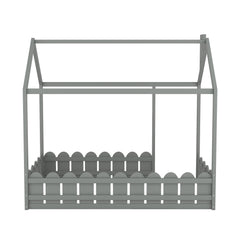 {Slats are not included}Twin Size Wood Bed House Bed Frame with Fence for Kids Teens Girls Boys {Gray}
