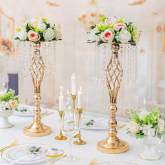 Wrought Iron Metal Flower Stand with Crystal Acrylic Beads Hanging Flower Arrangement, Gold-Plated Decoration for Wedding Tables